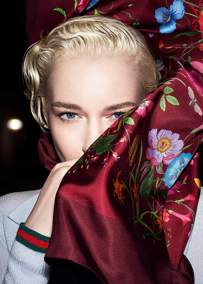 Julia Garner in Gucci art of silk campaign