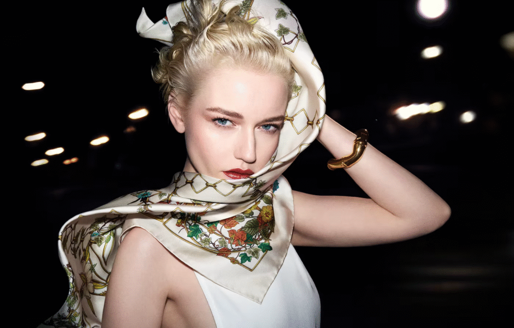 Julia Garner in Gucci art of silk campaign
