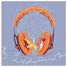 Illustrated orange headphones with musical notes on a light background, symbolizing audio content.
