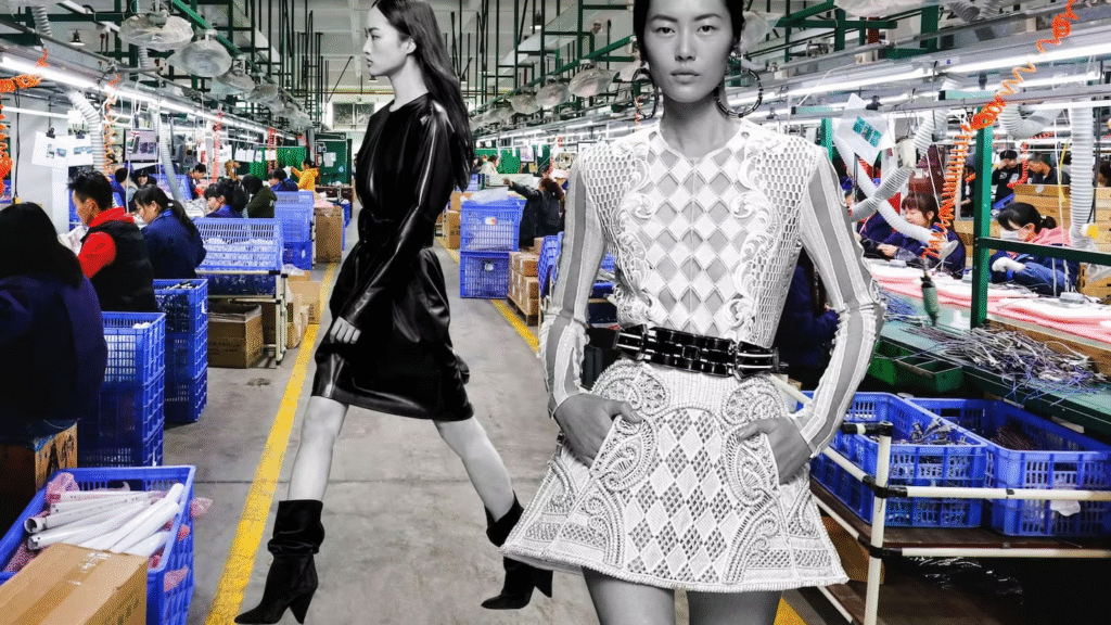 An image of a busy factory floor with workers at workstations and blue storage bins, overlaid with two fashion models. One model on the left wears a black leather dress and black boots, while the other on the right wears a white, intricately patterned dress with a black belt, standing with hands in pockets. The factory has green structural elements, overhead lights, and industrial equipment.