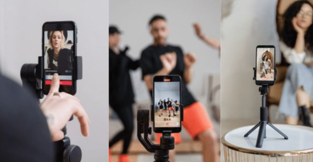 Three scenes showcasing smartphone content creation using tripods. The left shows a person recording a video of themselves, the middle shows a phone filming two dancers performing, and the right shows a smartphone on a tripod capturing a seated woman and her dog.