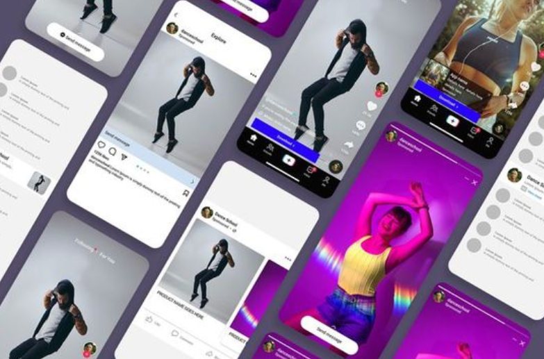 Collage of smartphone screens displaying various social media interfaces, featuring posts, reels, and live streams of people dancing, posing, and modeling in stylish outfits. The screens show different layouts similar to Instagram, TikTok, and other content-sharing apps.