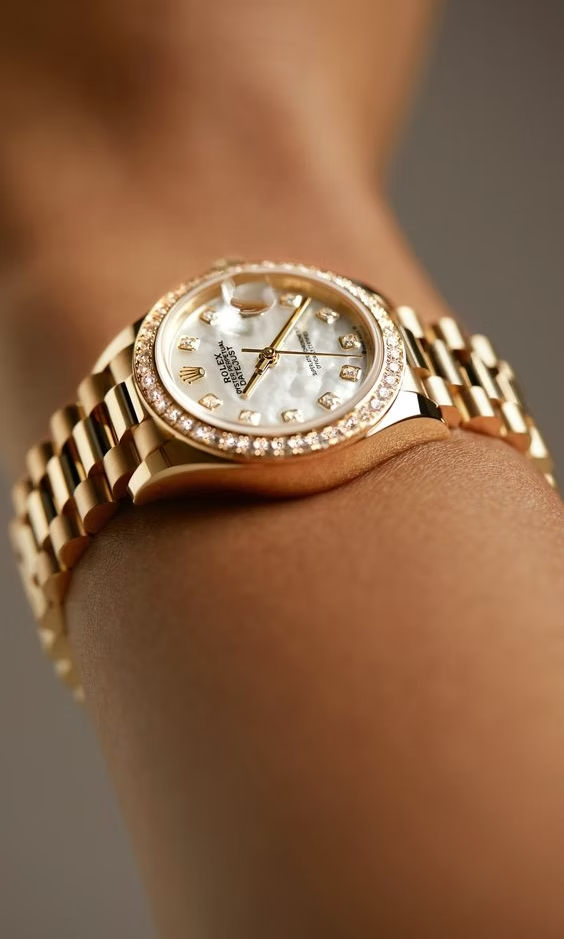 A close-up image of a person's wrist wearing a gold Rolex Datejust watch with a mother-of-pearl dial adorned with diamond markers. The watch features a gold bracelet and a bezel encrusted with diamonds, highlighting its luxurious design.