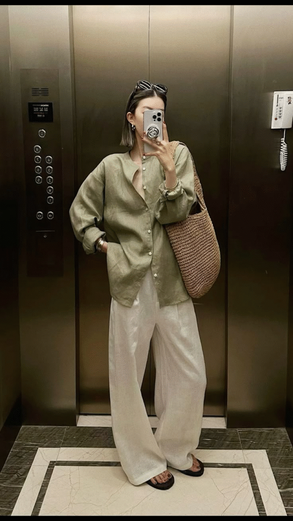 Linen co-ord outfit olive green and cream pants