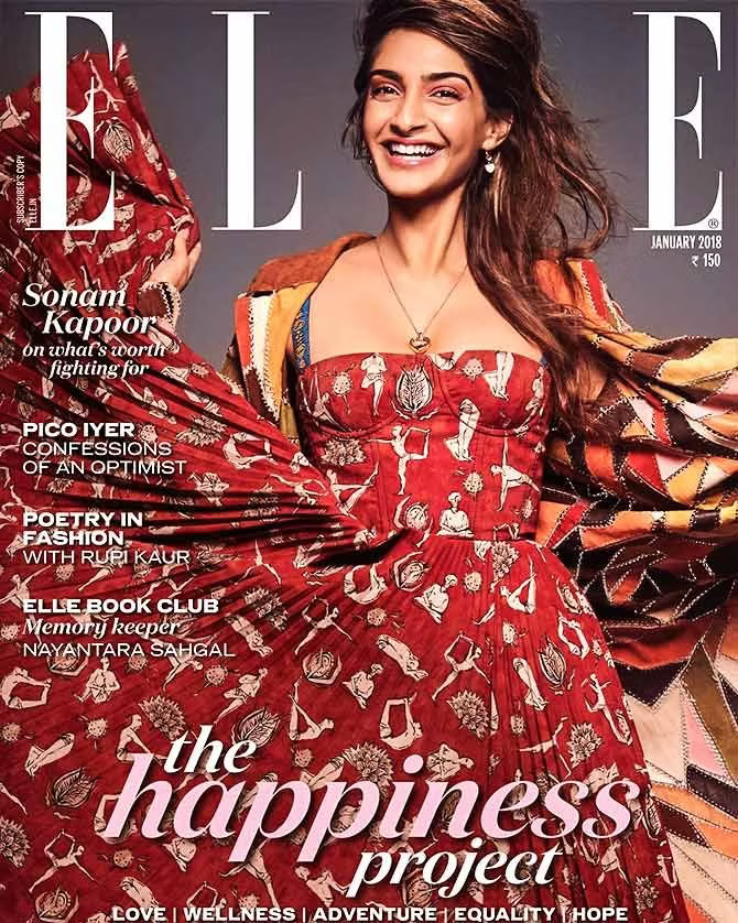 Sonam Kapoor in the red Dior dress on the cover of Elle Magazine