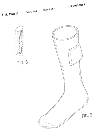 A U.S. patent illustration of a sock with a rectangular pocket sewn onto its side. Labeled figures show both the side view of the sock and a close-up of the attached pocket.