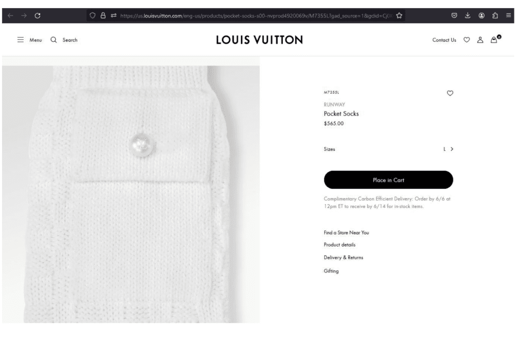 A Louis Vuitton website screenshot advertising “Runway Pocket Socks” priced at $565, showing a white knit sock with a buttoned flap pocket.