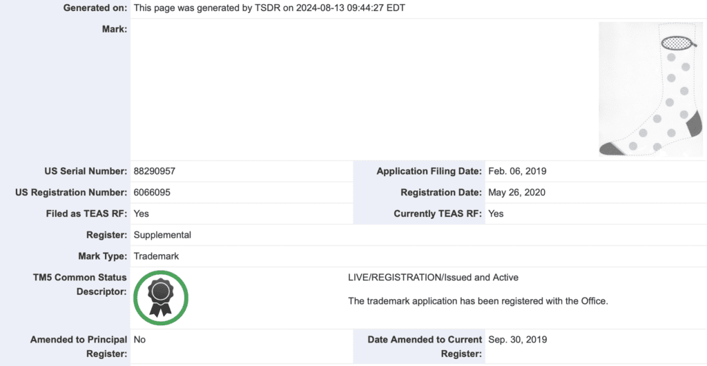 A U.S. trademark office screenshot showing registration details of a “pocket sock” design. The document includes serial number, registration number, filing dates, and a small illustration of a sock with a pocket.