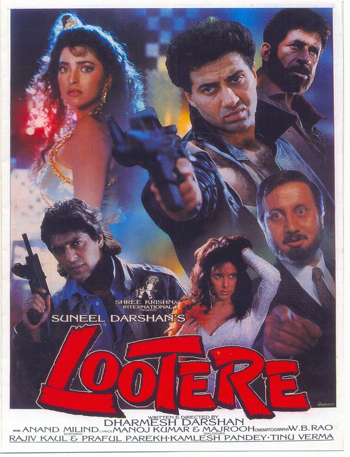 Poster of the Bollywood film Lootere. It features multiple characters in dramatic poses: a man pointing a gun directly at the viewer in the center, a glamorous woman in a sparkling outfit on the left, and intense-looking men in the background. At the bottom, another man holds a gun, while a woman in white strikes a bold pose. The title Lootere is written in large red, stylized letters across the bottom.