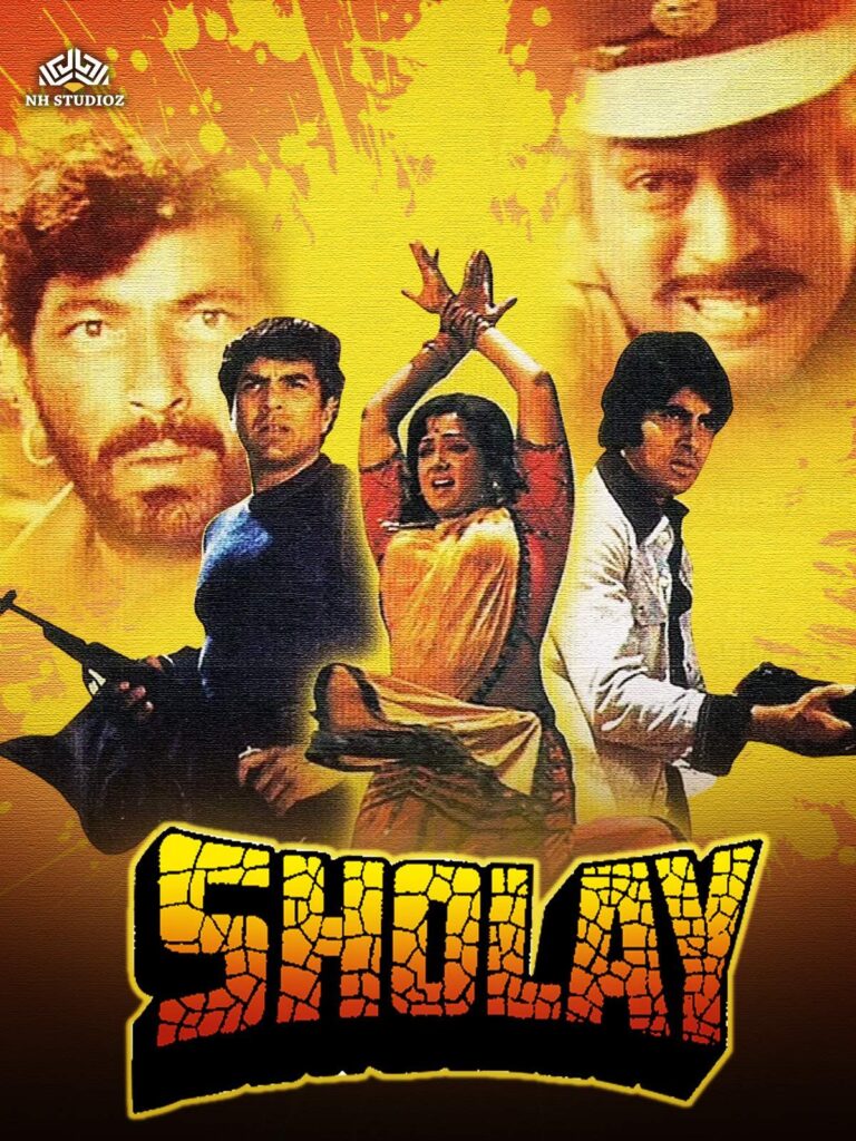 Poster of the Bollywood film Sholay. It features dramatic portraits of the main characters — two men holding guns in the foreground, a woman in traditional attire raising her hands in distress, and two large faces in the background, one of a stern-looking man and another of a man in a police cap. The title Sholay is displayed at the bottom in bold, cracked-stone style letters with an orange-yellow gradient against a fiery yellow backdrop.