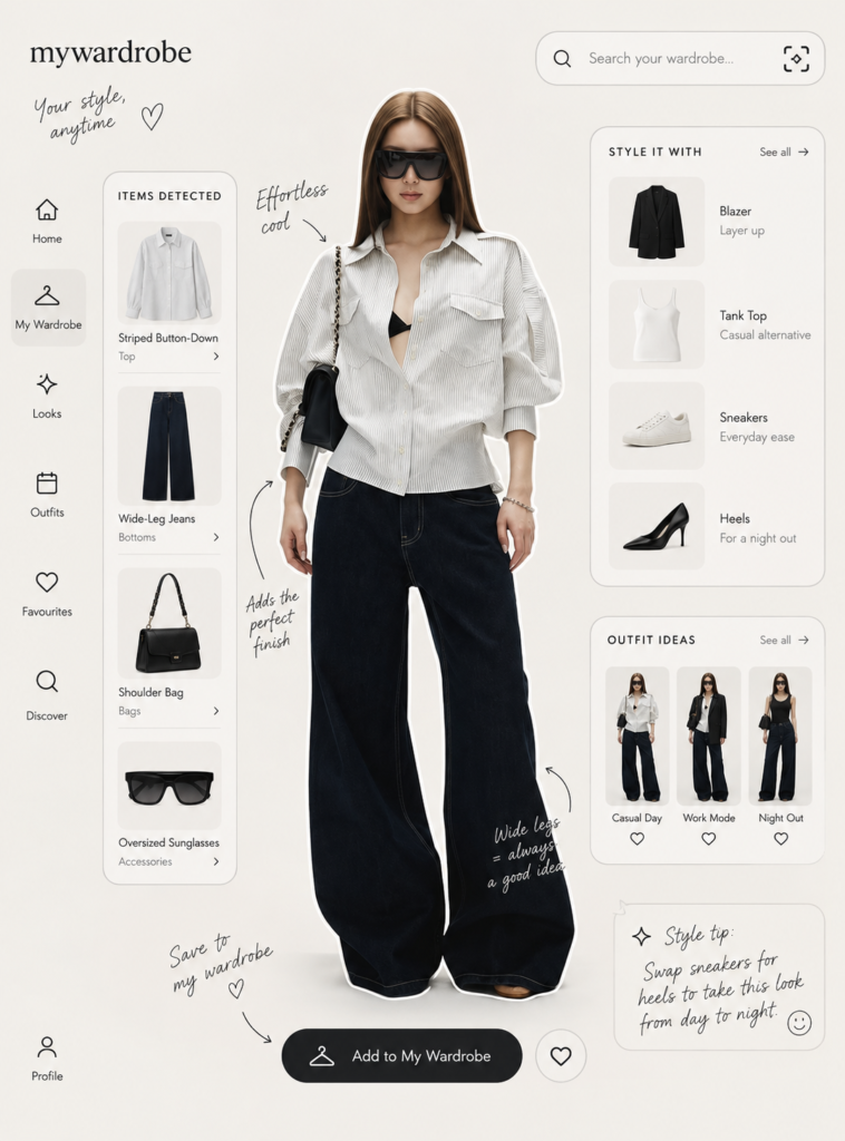 Screenshot of a digital wardrobe app displaying detected clothing items, styling suggestions, and outfit ideas for a look.