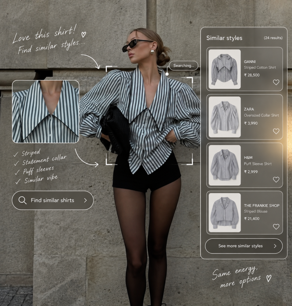 Screenshot of a fashion AI tool detecting a striped shirt's features and displaying similar shirts from multiple retailers with prices.
