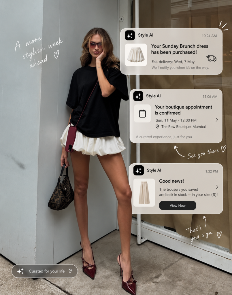 Screenshot of AI style assistant notifications showing a completed dress purchase, a confirmed boutique appointment, and a back-in-stock alert for saved trousers.